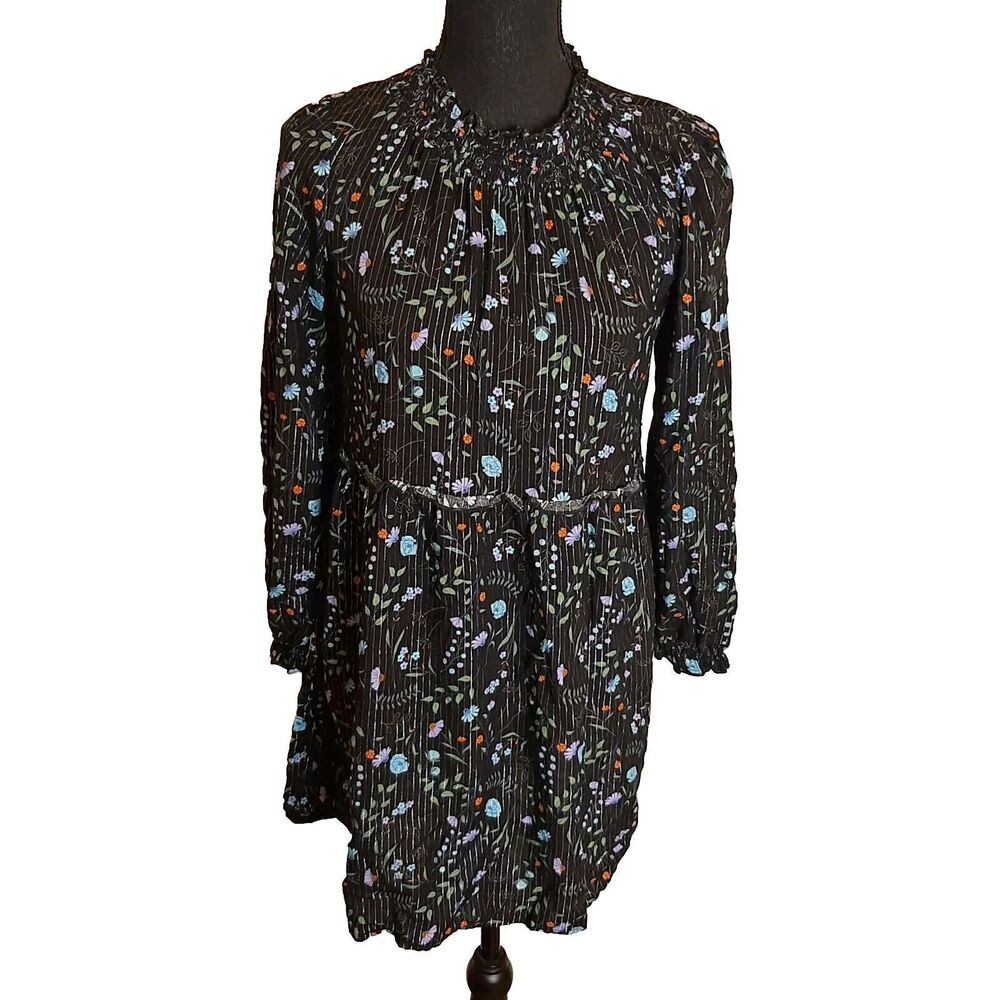 Thereabouts Dress Girls XL 16 A-Line Black Floral Balloon Sleeves Metallic
